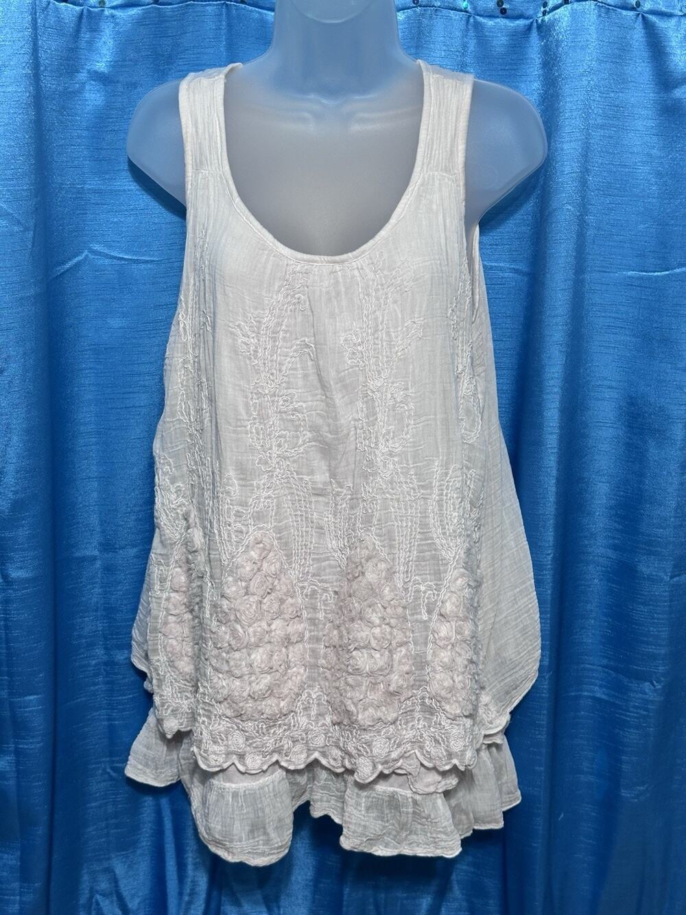 Belle France Boho Top Embroidered Rosettes Tiered Sleeveless Shirt Silk Blend XL